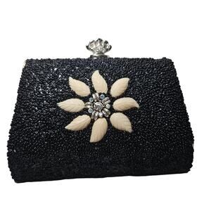 Vice Versa Black Cream Flower Beaded Crossbody Clutch Mini Purse Unique Bold